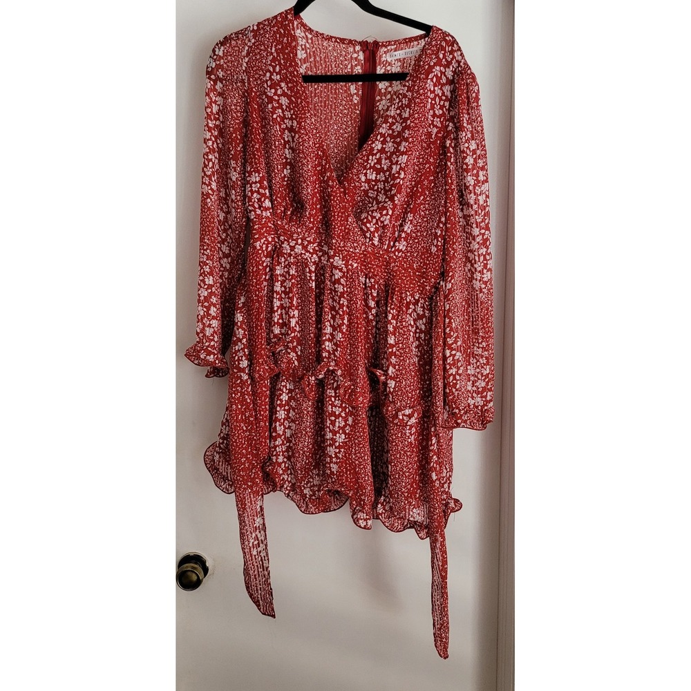 Saints + Secrets Mini Dress L Red White Floral V-Neck Long Sleeve Boho Gown